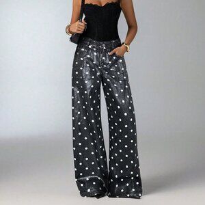 Black Casual Boho Women's Elegant Low-Rise Wide-Leg Denim Pants Polka Dot Wash